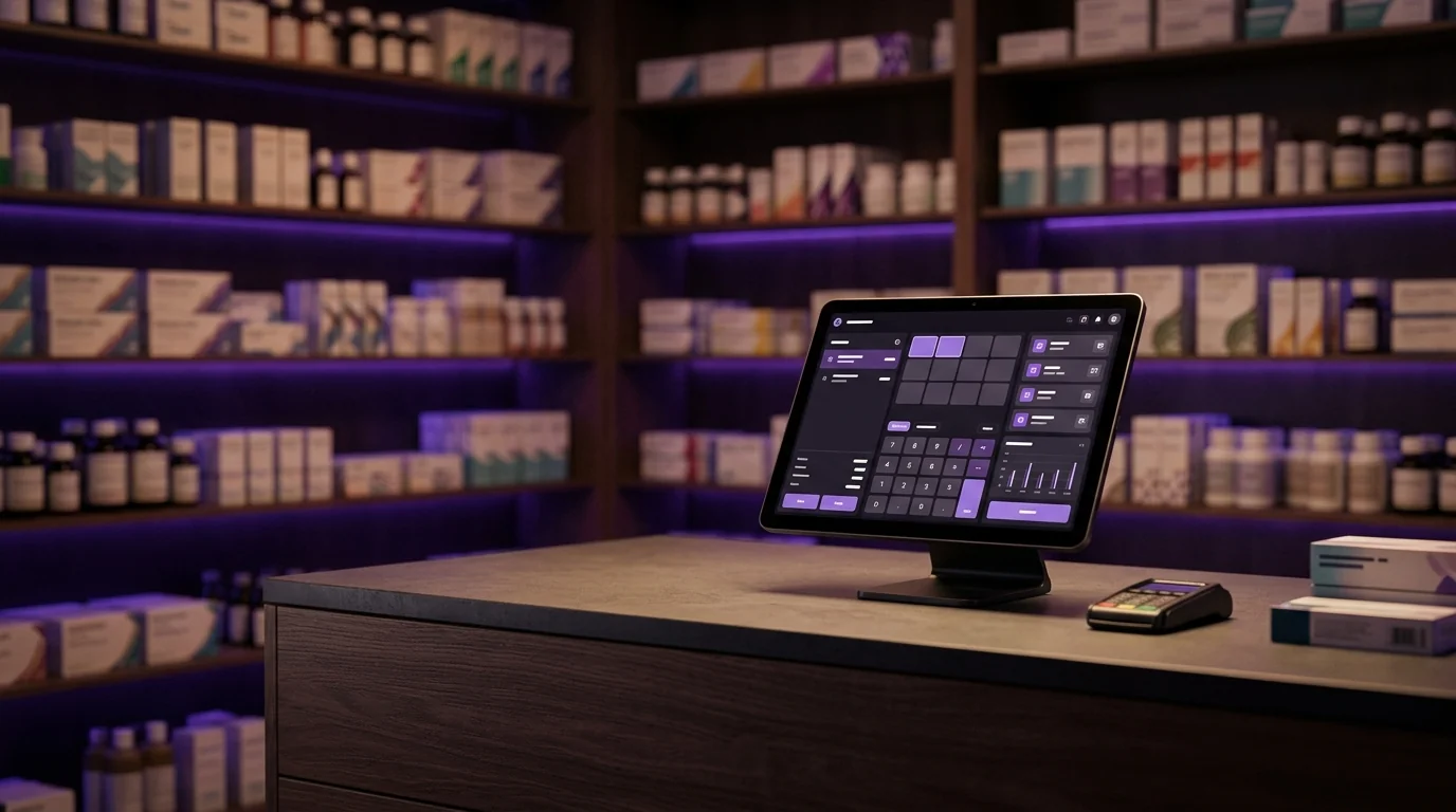 Mostrador de farmacia con una pantalla de punto de venta